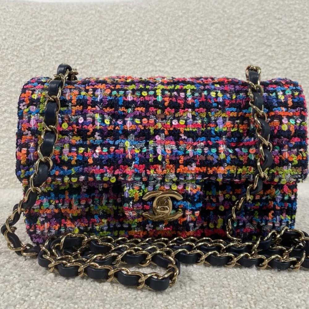 Authentic CHANEL Tweed Quilted Mini Rectangular Flap Navy Blue Multicolour - Picture 12 of 15